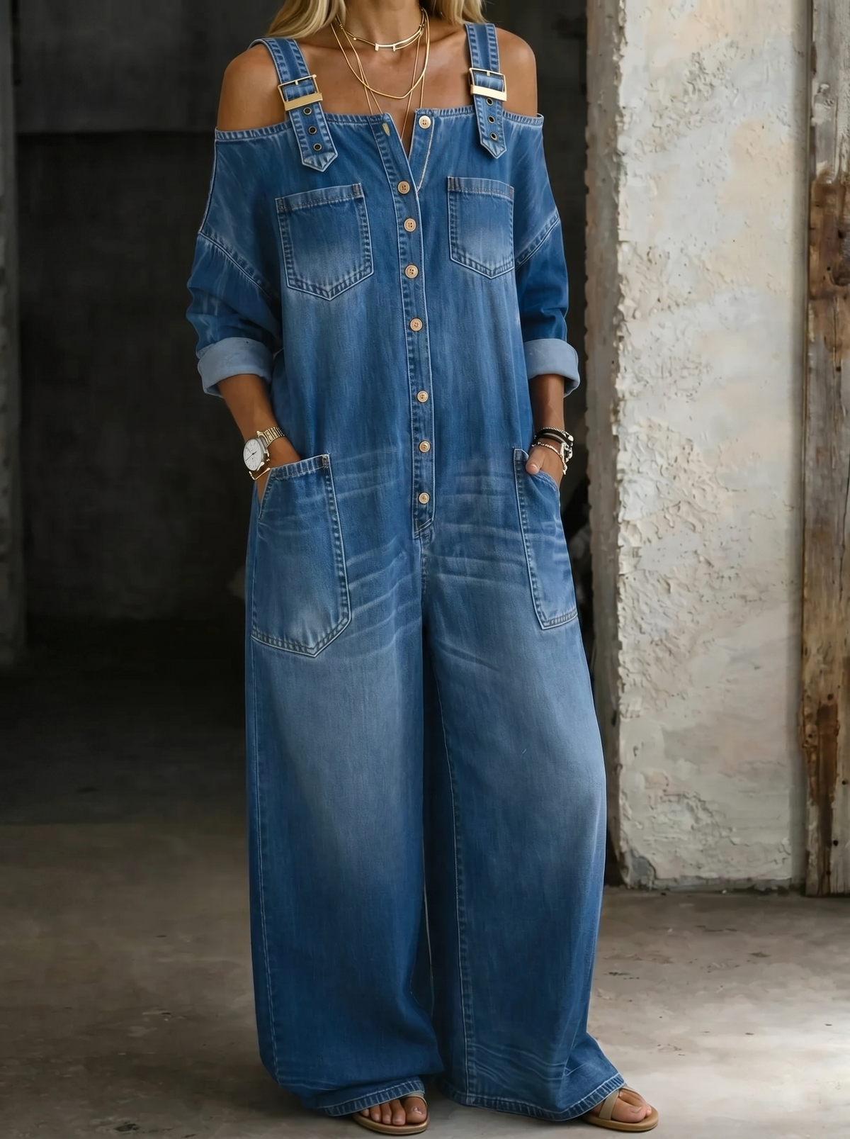 Mono Denim con Hombros Descubiertos