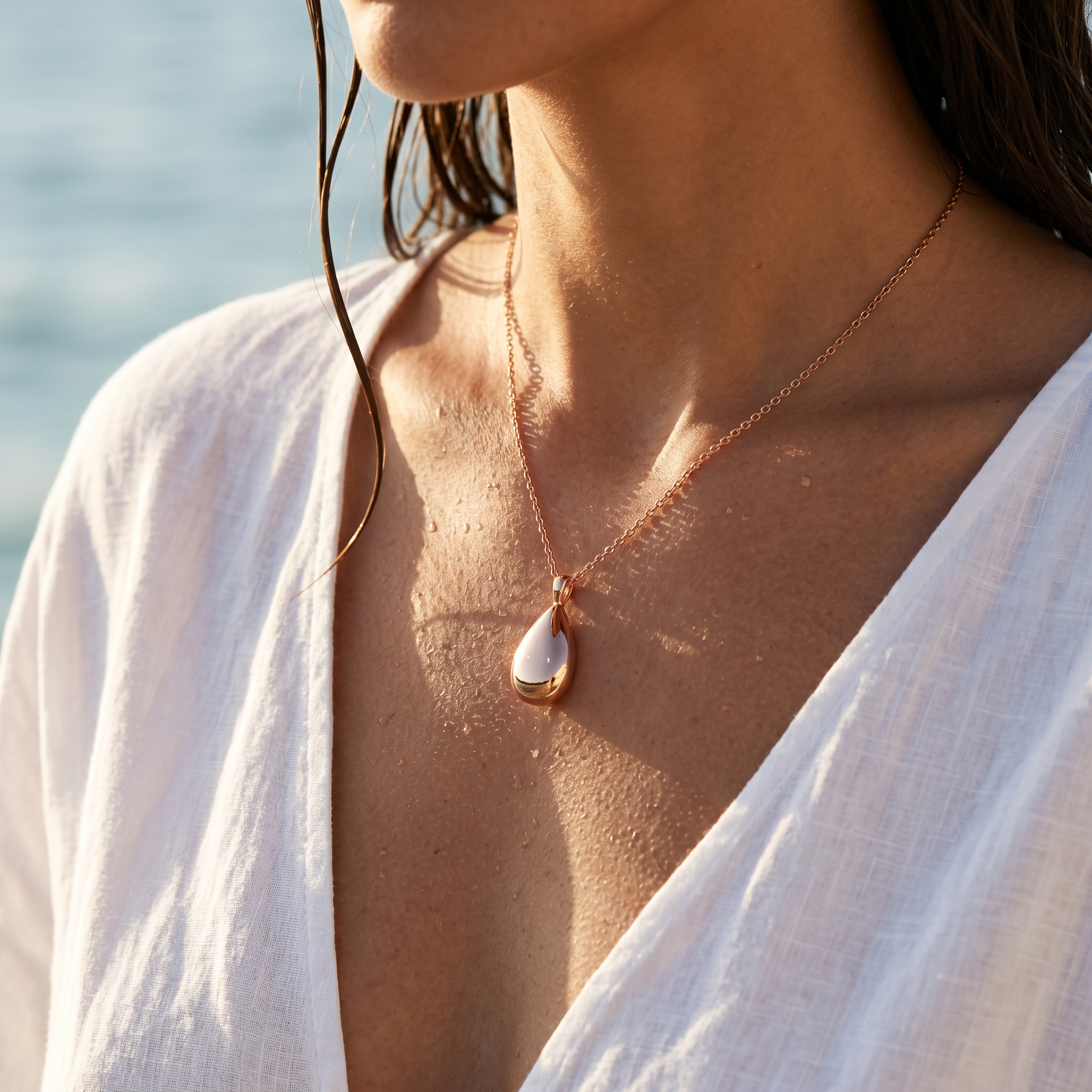 Mujer llevando el collar urna lágrima color oro rosa en la playa