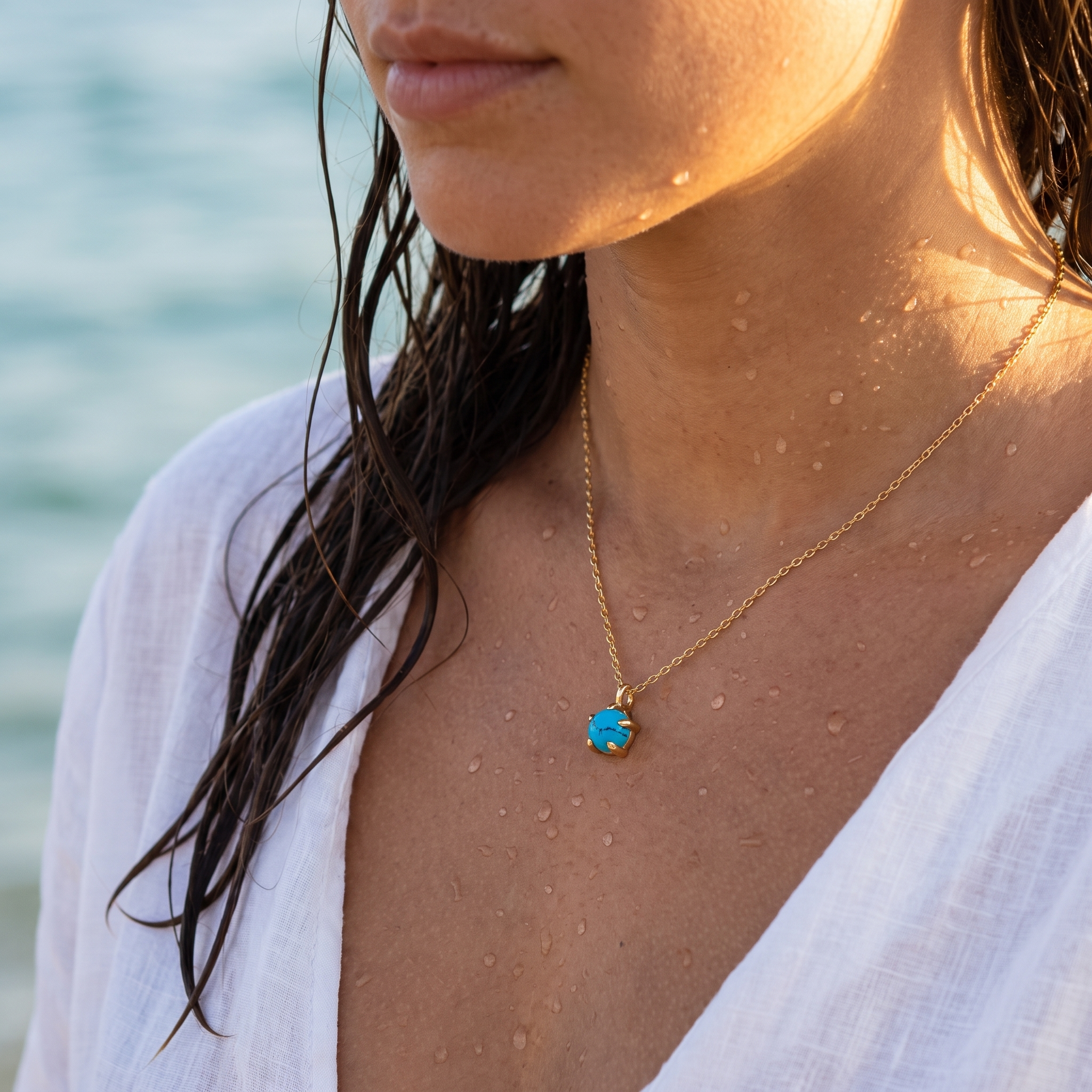 Mujer llevando el collar turquesa solitaria en la playa